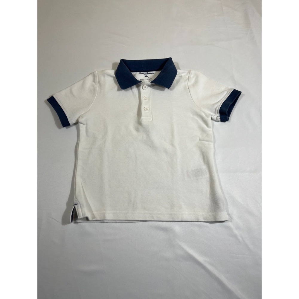 Tommy Bahama Kids Boy XS‎ 4 Polo Shirt White Navy Blue Short Sleeve Cotton Pique